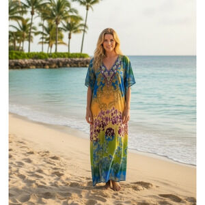 Lucky & CoCo Beaded Sheer Maxi Kaftan XL Colorful Artsy Hippie Boho Beach Resort